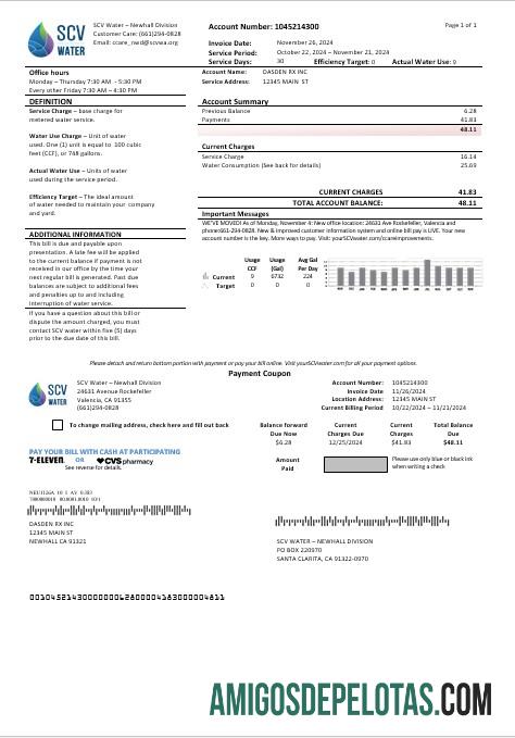 Em branco modelo de conta de serviços públicos de água SCV EUA Califórnia Santa Clarita SCV em formatos Word e PDF